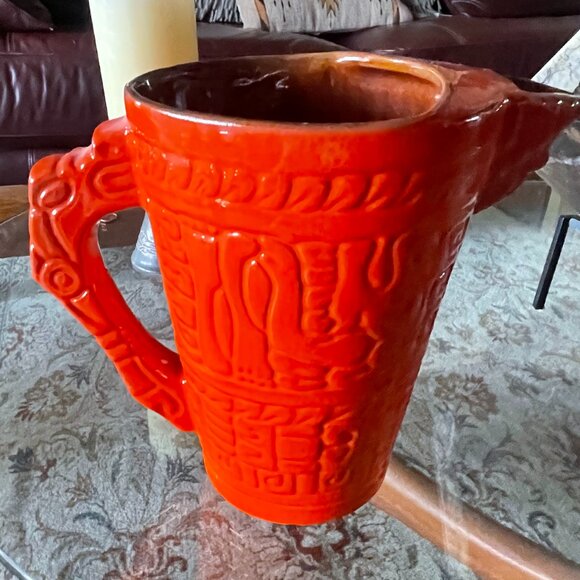 Mid Century Frankoma Red/Orange Mayan Aztec Flame 64 Oz Pitcher - Picture 1 of 4